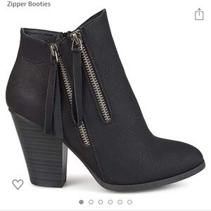 Black faux leather stacked wood heel